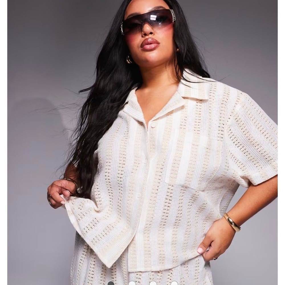 South Beach Knit Shirt Womens 3XL US 24 Beige Striped Button Up Short Sleeve NWT